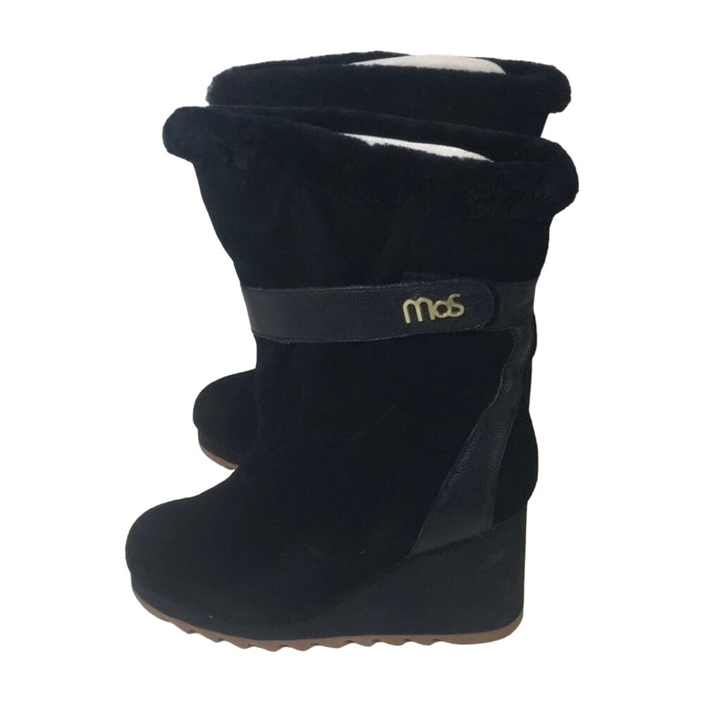 Black Suede Wedge Winter Boots with Shearling Lining